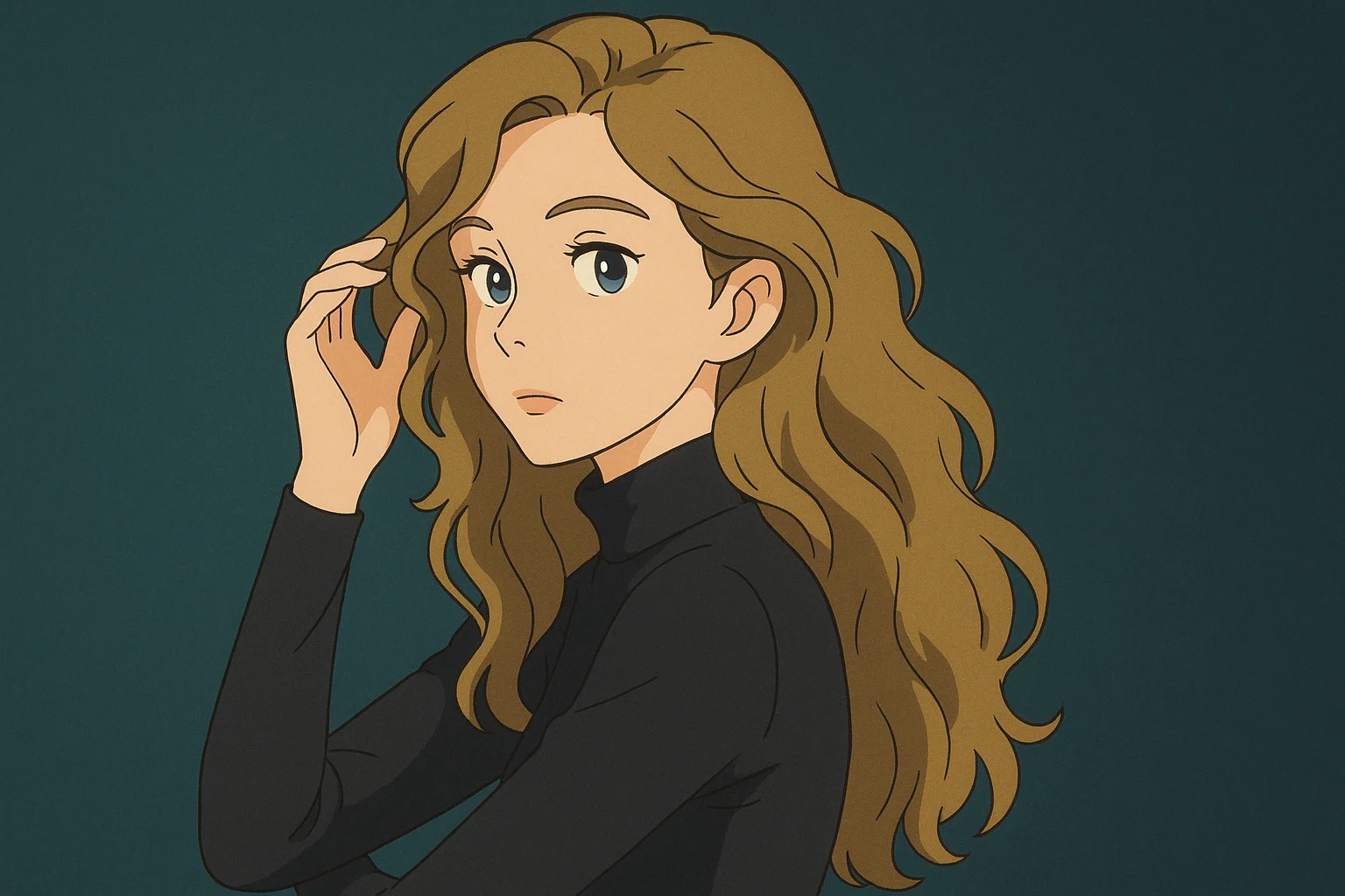 An anime-style portrait of a pensive young woman gently running a hand through her hair.